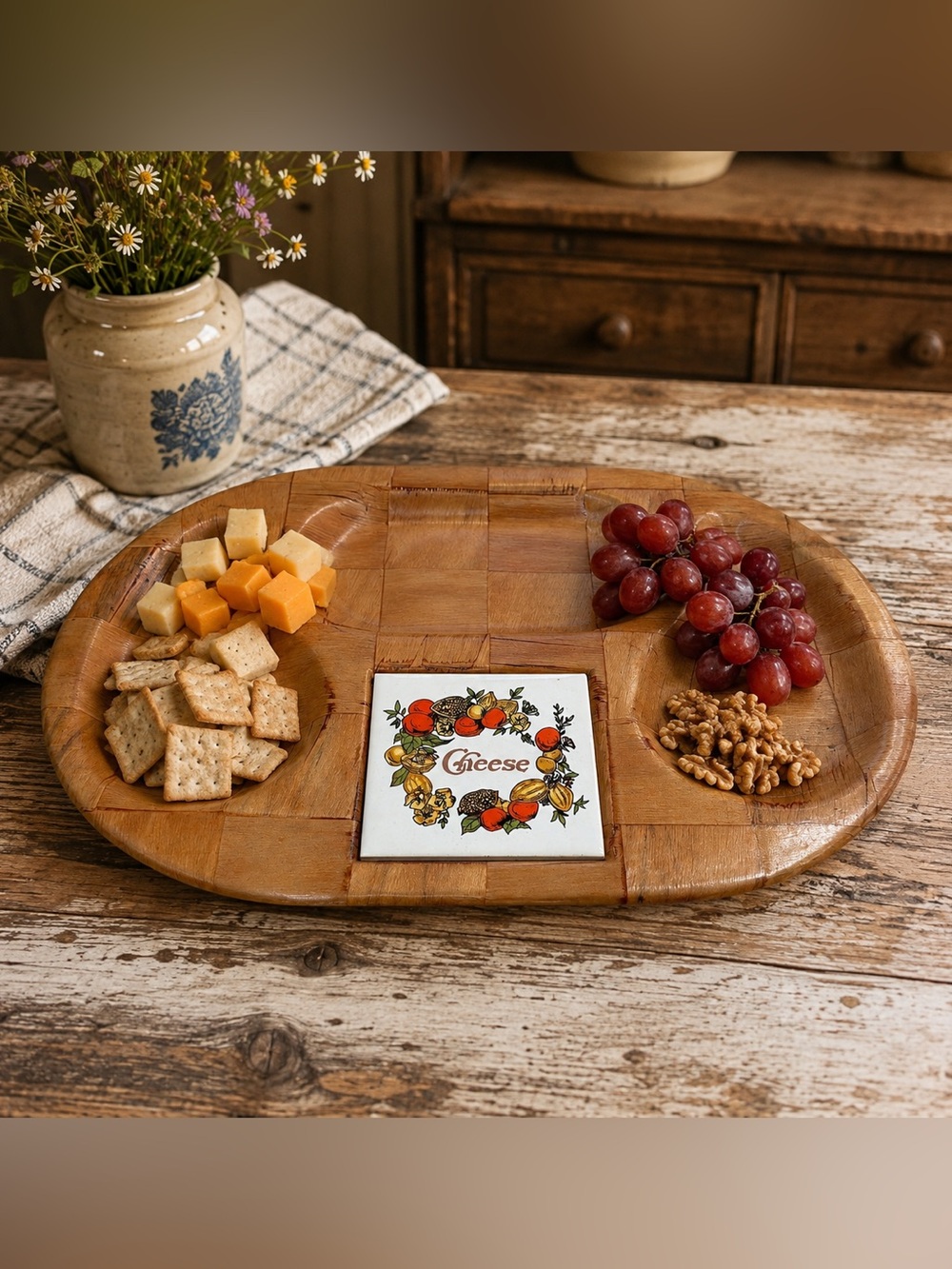 Vintage Woven Wood Cheese Serving Tray Ceramic Fruit Tile Divided Platter Cottag